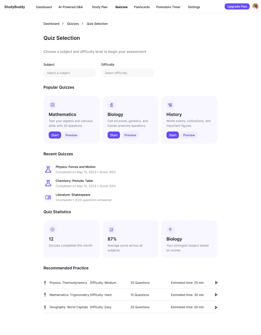 Quizzes Page